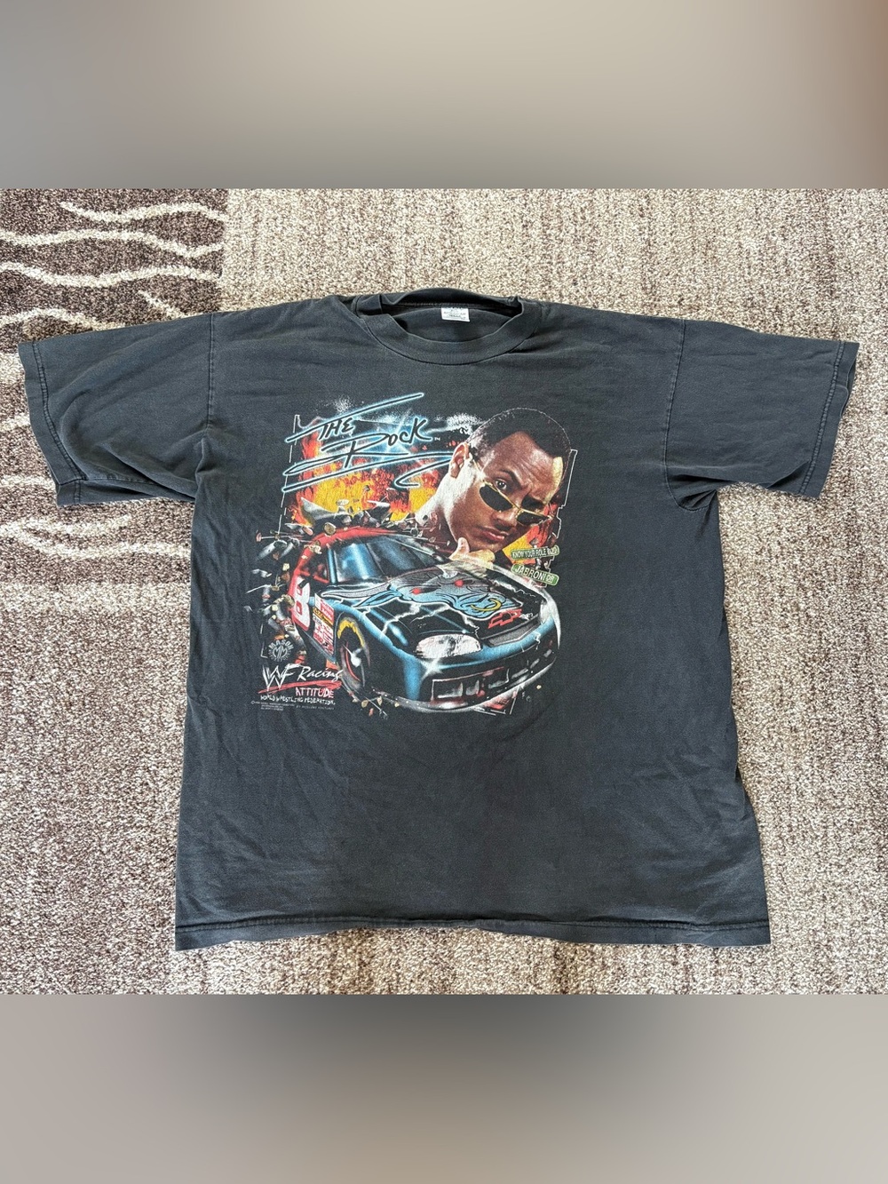Vintage WWF The Rock Race car Racing Graphic Attitude Era T-shirt XL